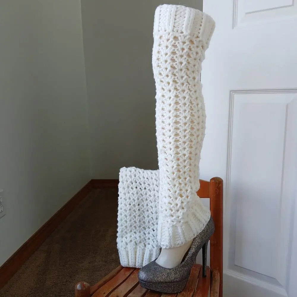 White Leg Warmers OSFM crochet warm thick chunky over the knee dance premade